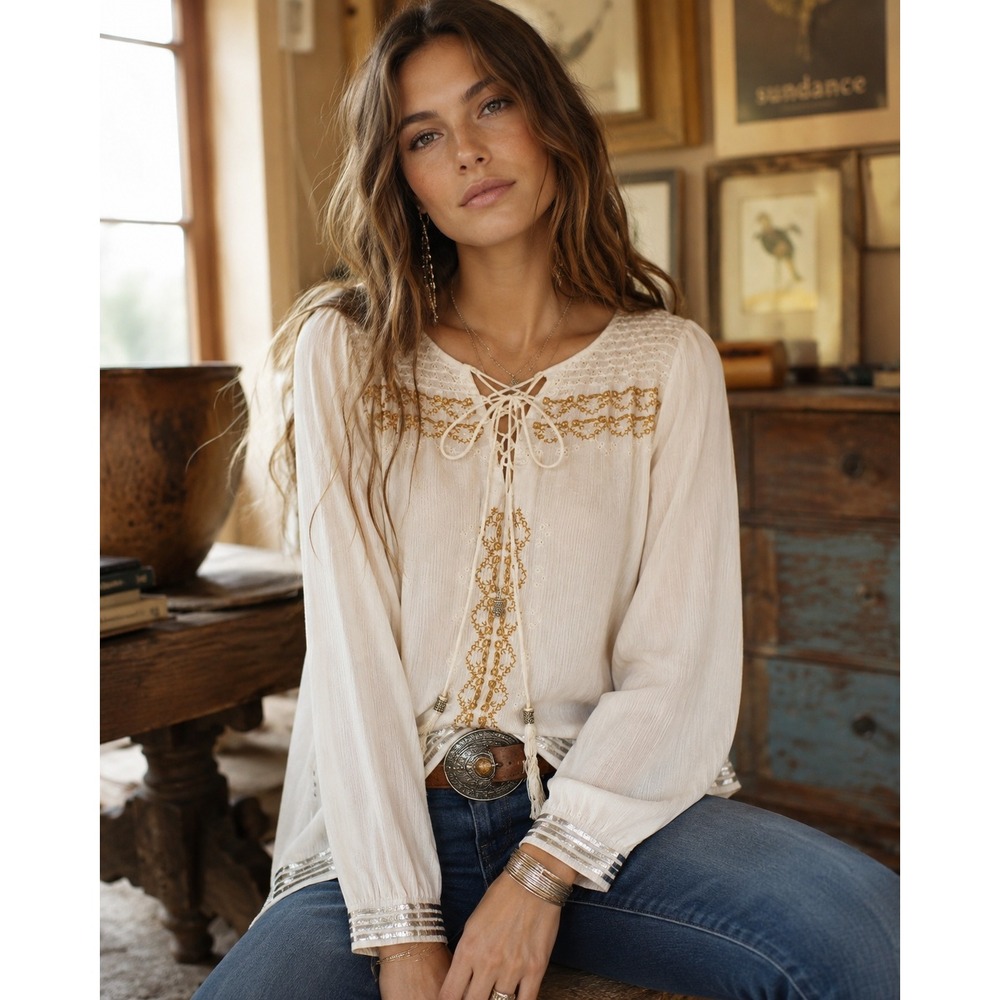 Sundance Ivory Embroidered Sequin Lace Up Boho Peasant Blouse Small